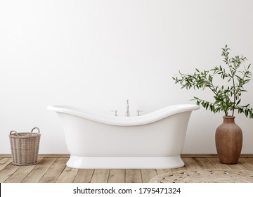 White cozy bathroom interior background, wall mockup, 3d render