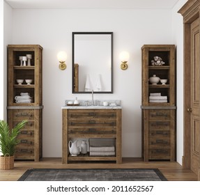 White Cozy Bathroom Interior, Farmhouse Style, 3d Render