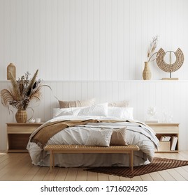 White Cozy Coastal Bedroom Interior, 3d Render