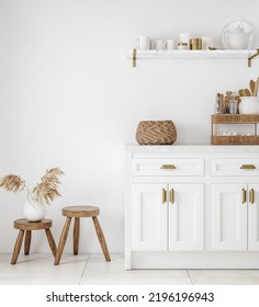 White Cozy Farmhouse Kitchen Interior Background, 3d Render