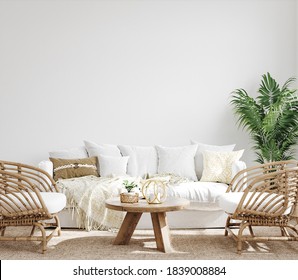 White Cozy Living Room Interior, Coastal Boho Style, 3d Render 