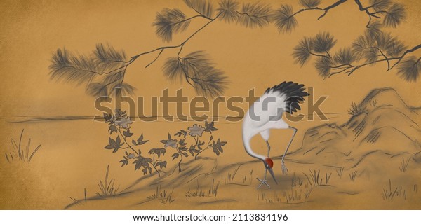 White crane with gold background. Abstract watercolor paint background grunge texture. Interior Wallpaper. Mural for the walls, fresco for the room, interior grunge style