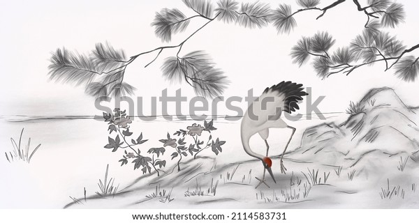 White crane on gray background. Abstract watercolor paint background grunge texture. Interior Wallpaper. Mural for the walls, fresco for the room, interior grunge style