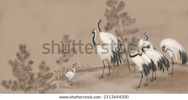 White cranes with background. Abstract watercolor paint background grunge texture. Interior nature themed wallpaper. Mural for the walls, fresco for the room, interior grunge style.