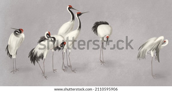 White cranes dark gray\
background. Abstract watercolor paint background grunge texture.\
Interior Wallpaper. Mural for the walls, fresco for the room,\
interior grunge\
style