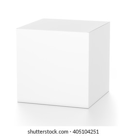 White cube blank box from top front far side angle. 3D illustration isolated on white background.