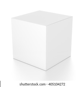 White Cube Blank Box From Top Side Angle. 3D Illustration Isolated On White Background.