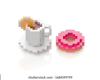 White cup of black coffee and donut on white background. 3d illustration in voxel style.
