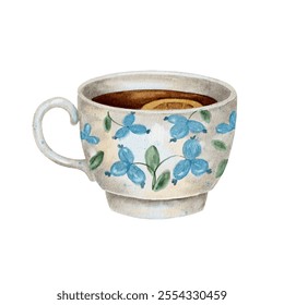 White cup with blue floral painting. Tea with lemon, watercolor illustration on white. Tea drinking, birthdays and holidays, Maslenitsa. - Powered by Shutterstock