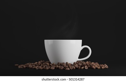 White cup of coffee surrounded by coffee beans and standing against black background. 3d rendering. Mock up