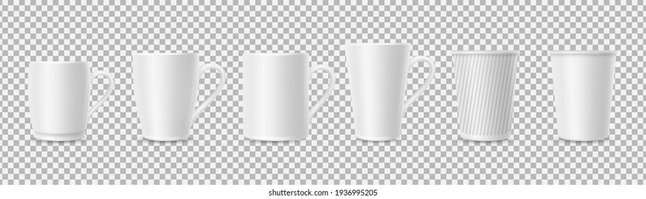 White cups. Realistic cup mockups isolated on background. Coffee, tea mugs set