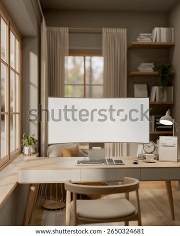 White curved screen computer on wooden table in a room with bookshelf and sunlight through windows. Working or Study, 3D Rendering, 3D Illustration.