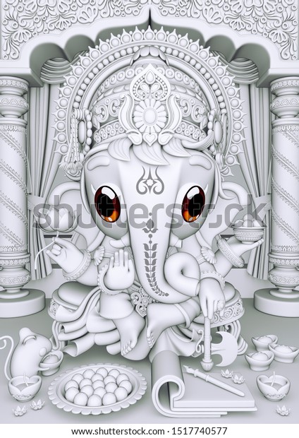 White Cute Ganesha in palace hall background with decorative accessories 3d rendering. 3D illustration of Hindu God Ganesha Lord of Success and Good Luck. Ganesha Idol. Nice beautiful Ganesh Chaturthi wallpaper