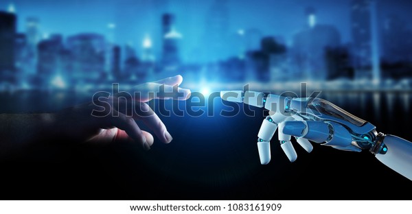 White cyborg finger about to touch human finger\
on city background 3D\
rendering