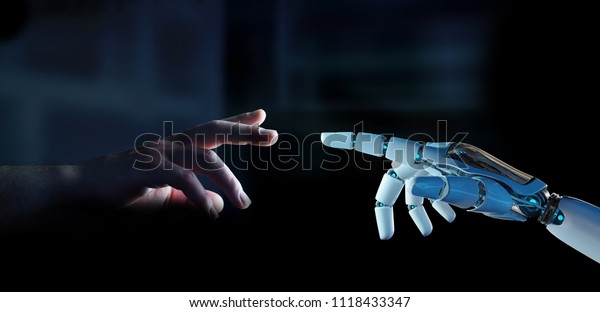 White cyborg finger about to touch human finger\
on dark background 3D\
rendering