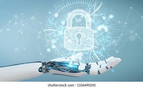 White Cyborg Hand On Blurred Background Protecting His Datas With Digital Security Hologram 3D Rendering