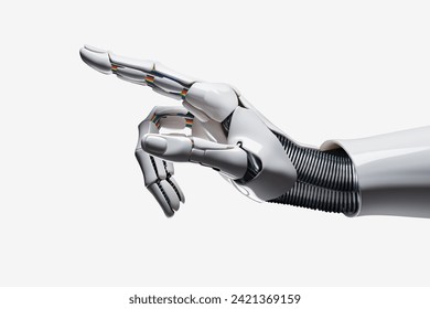  White cyborg robotic hand pointing his finger - 3D rendering isolated on free PNG background.