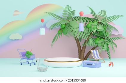 white cylinder stage podium with beach chair, Inflatable flamingo, suitcase, coconut tree, shopping cart, paper bags, cloud, online shopping summer sale concept, 3d illustration or 3d render