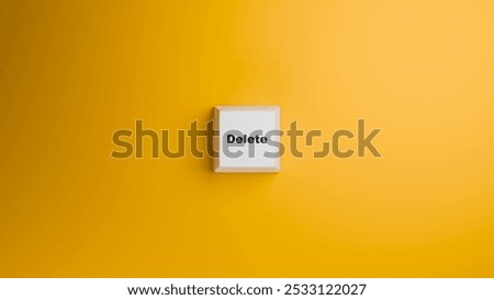 White delete button on keyboard. Key to remove unnecessary information. Concept of clearing erroneously entered data. Delete button on yellow background. Keyboard key labeled delete. 3d image