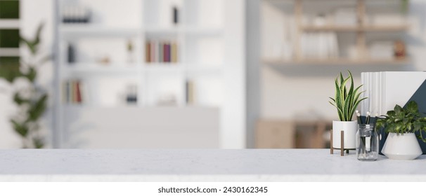 A white desk with copy space for display product in a contemporary room with a large bookshelf. office desk, workspace, study table. 3d render, 3d illustration