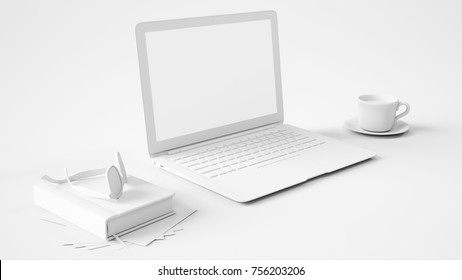 White desk with laptop computer with blank monitor or screen (3D Rendering)