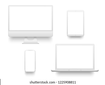 White desktop computer display screen smartphone tablet portable notebook or laptop. Outline mockup electronics devices phone monitor lines realistic simple isolated set
