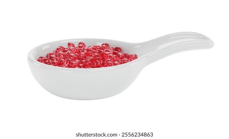 A white dish filled with vibrant red beads, likely representing a food item or garnish. - Powered by Shutterstock