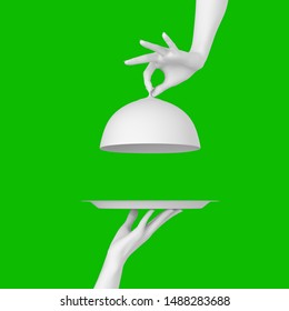 White Dish With Lid Holding Hands Isolated, Opened Restaurant Cloche, Launch Time Promo Banner Concept.  3d Rendering