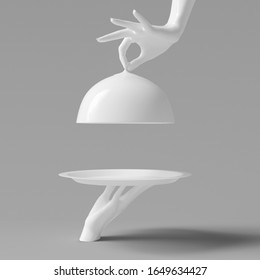 White Dish With Lid Holding Hands Isolated, Opened Restaurant Cloche, Launch Time Promo Banner Concept. 3d Rendering