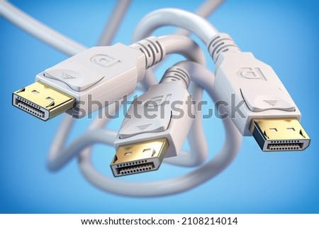 White Display Port DP cable video monitor connectors on blue background. 3d illustration