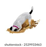 White dog with black ears and a spot on the tail wearing pink collar digging a hole in the ground gouache sketch isolated on white background.