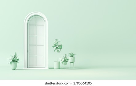 White door and growing ,caring of plants in garden concept in plain monochrome pastel blue color. Light background with copy space. 3D rendering for picture frame backgrounds, minimal,seasonal work
