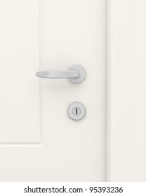 White Door With The Handle And The Lock Close Up.