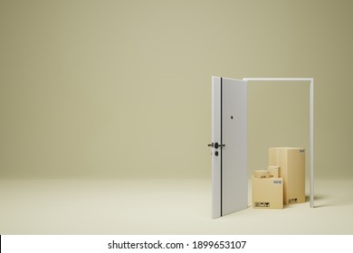 White Door And Parcel Box, Fast Delivery Concept.3D Render.