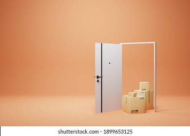 White Door And Parcel Box, Fast Delivery Concept.3D Render.