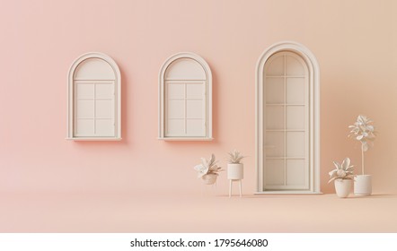 White door, window and plant concept in plain monochrome pastel pink color. Light background with copy space. 3D rendering for web page, presentation or picture frame backgrounds, minimalist