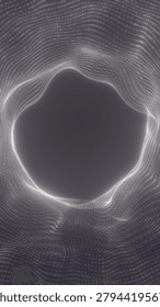 White dotted wave pattern forming a circular opening, creating a futuristic abstract portal with depth and digital motion.