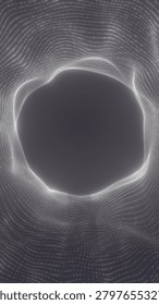 White dotted wave pattern forming a circular opening, creating a futuristic abstract portal with depth and digital motion.