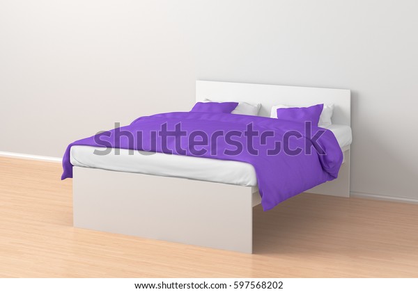 White Double Bed Violet Linen Simple Stock Illustration