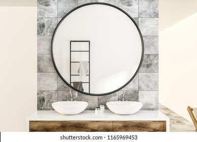 White Double Sink On Wood Counter With A Round Mirror Hanging Above It In A Luxury Marble And White Wall Bathroom Interior. Spa. Hotel. 3d Rendering