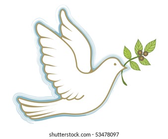 A white dove with an olive branch in its beak and a sketchy blue offset outline.