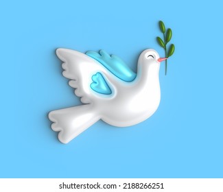 White Dove Of Peace 3d Illustration. Flying Bird With Olive Twig Flying Up The Blue Sky. Peace Concept.