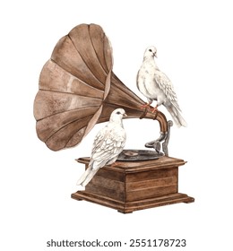 White doves symbolize love and peace, sitting on an old antique gramophone. Watercolor illustration in vintage style, hand drawn, for wedding design, anniversary, Valentine's Day, cards, souvenirs - Powered by Shutterstock