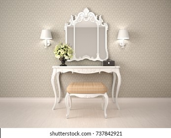 White Dressing Table With Mirror And Ottoman. 3d Illustrator