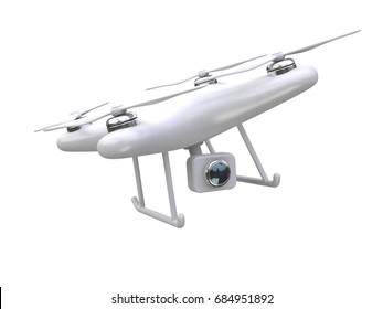 White Drone 3d Rendering With Camera Toy Cartoon Style White Background