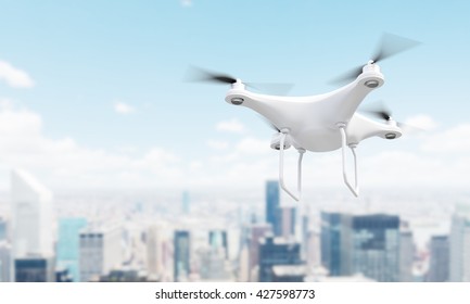 White Drone Over Blurry Singapore City. 3D Rendering