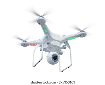 White drone, quadrocopter, with photo camera flying in the blue sky. Concept