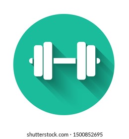 White Dumbbell Icon Isolated With Long Shadow. Muscle Lifting Icon, Fitness Barbell, Gym Icon, Sports Equipment Symbol, Exercise Bumbbell. Green Circle Button