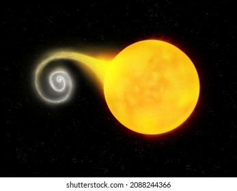 The White Dwarf Absorbs Matter From The Red Supergiant. Accretion Of Matter By A Neutron Star. Interaction Of Two Stars In Space 3d Illustration.