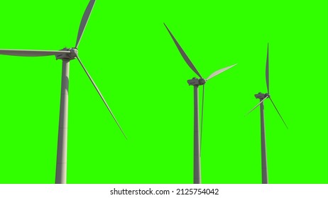 white ecologic windturbine generators on green screen, isolated, fictitious - industrial 3D illustration